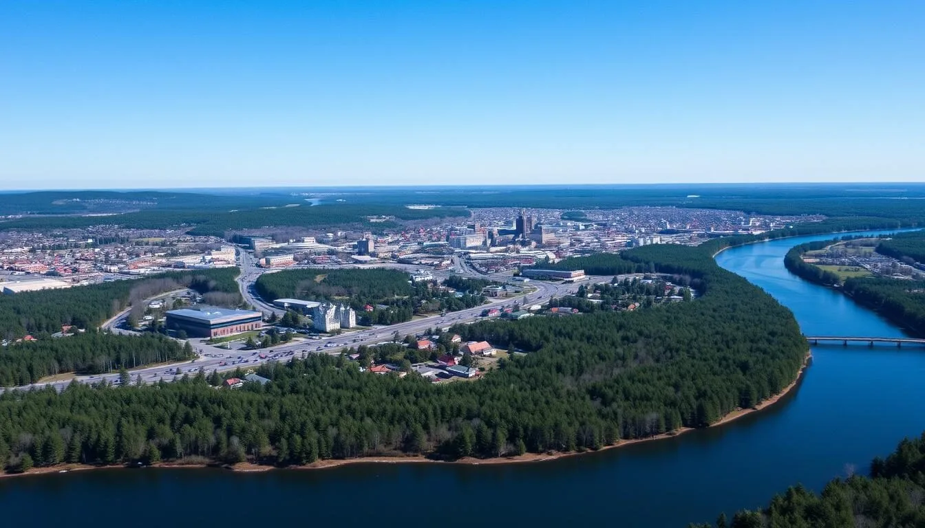 Aerial view of Bangor, Maine showing the Penobscot River winding through the city with downtown buildings and surrounding forests