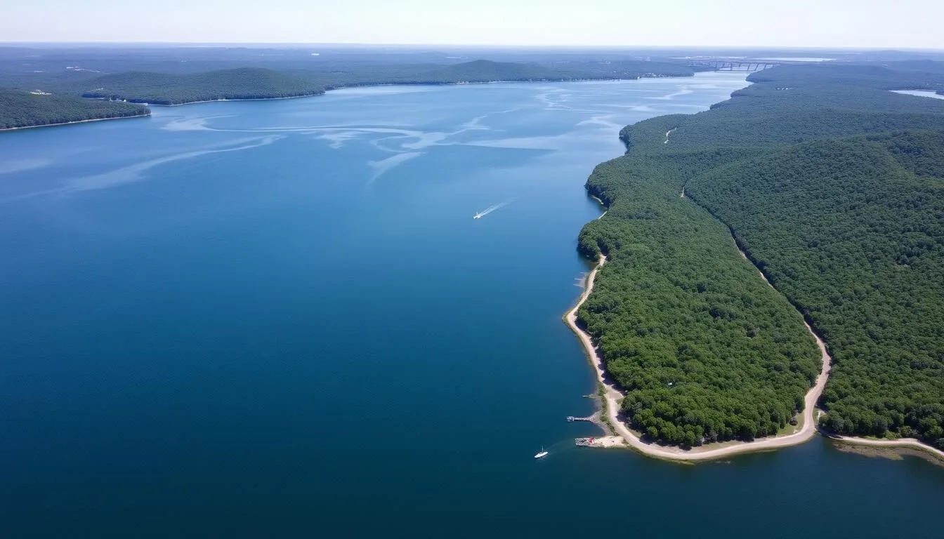 Aerial view of Barren River Lake, Kentucky showing the expansive 10,000-acre reservoir with its winding shoreline and surrounding green forests