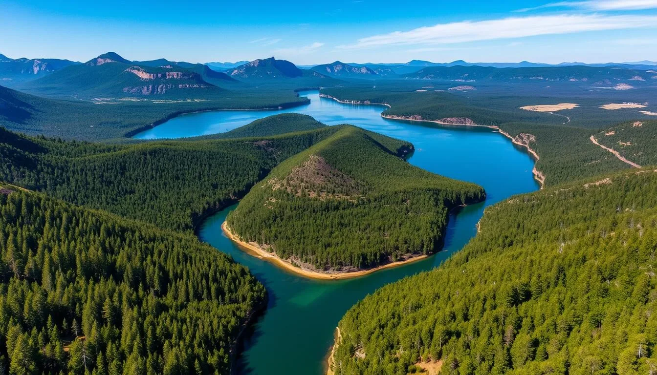 Aerial view of Beavers Bend State Park showing Broken Bow Lake surrounded by pine forests with Mountain Fork River winding through the landscape