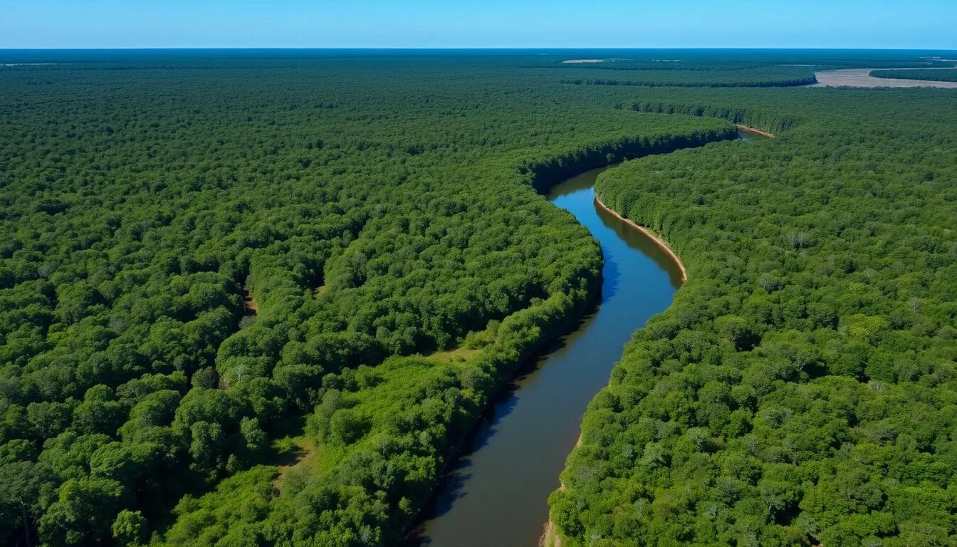 Aerial view of Bogue Chitto State Park showing the winding Bogue Chitto River surrounded by lush forest