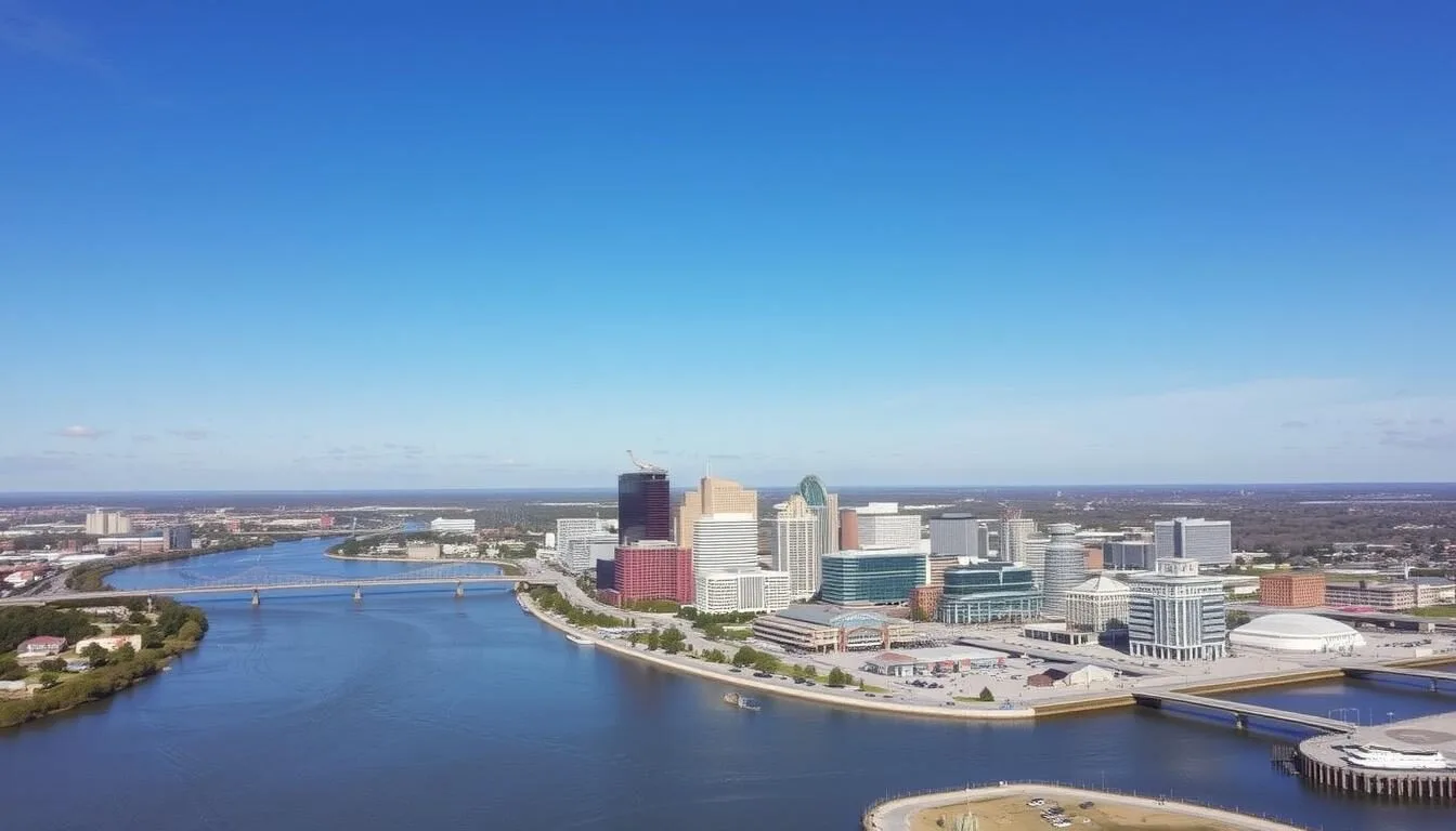 Aerial view of Bossier City, Louisiana showing the Red River and downtown skyline with casinos