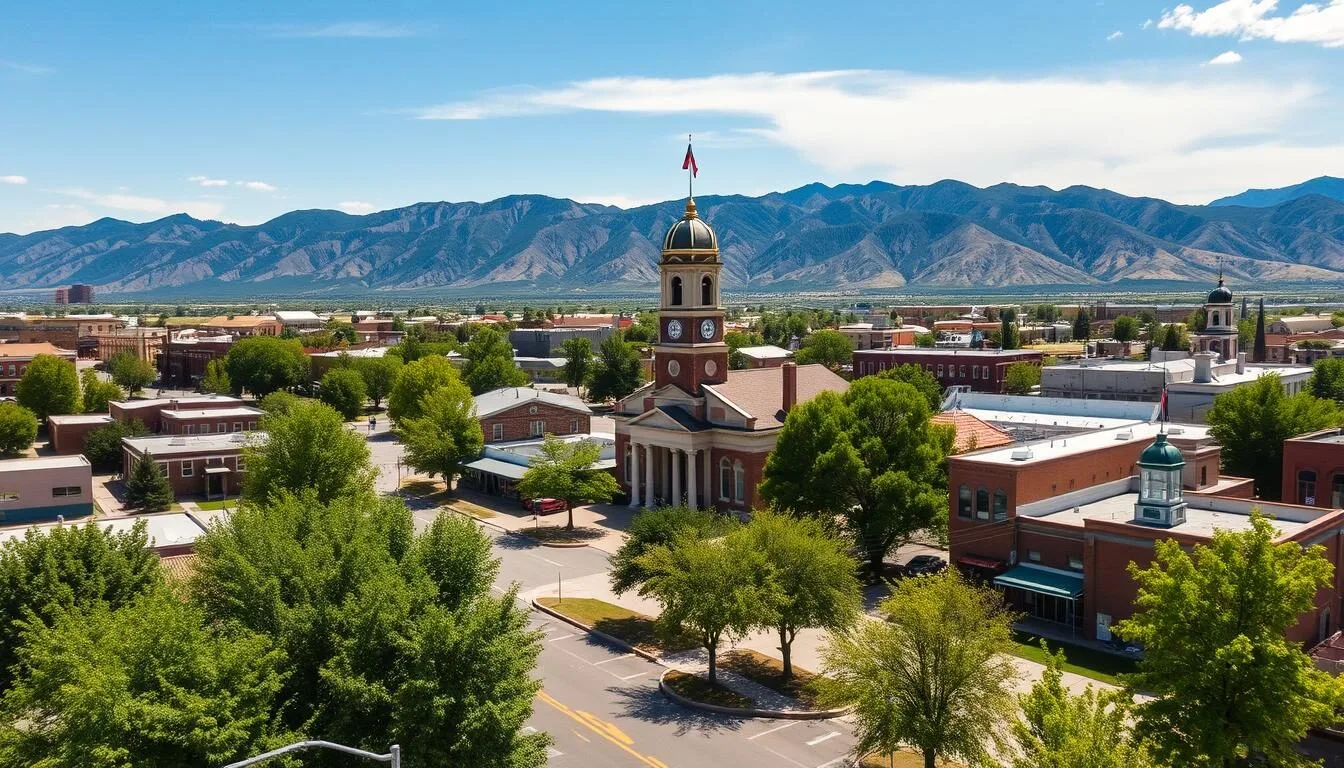 Aerial view of Brigham City Utah with mountains in background and historic downtown visible