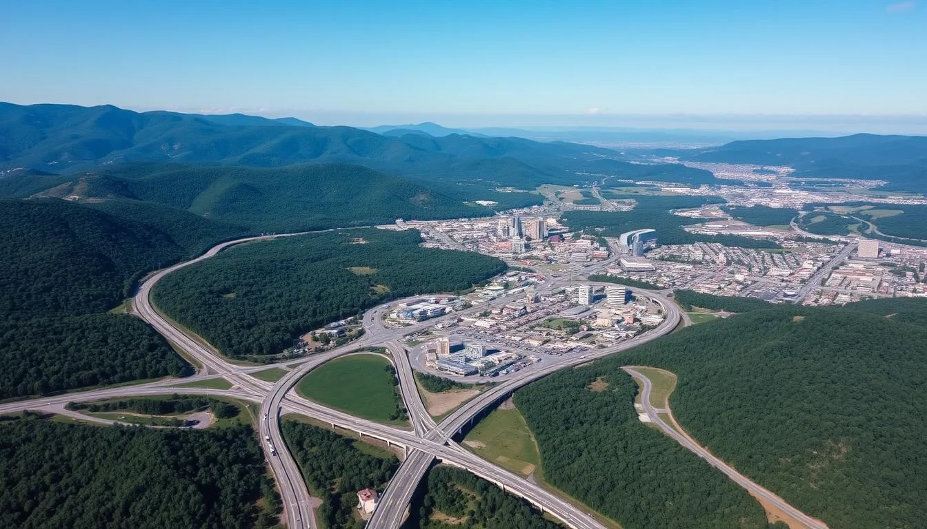 Aerial view of Bristol Tennessee with mountains in the background and main highways visible