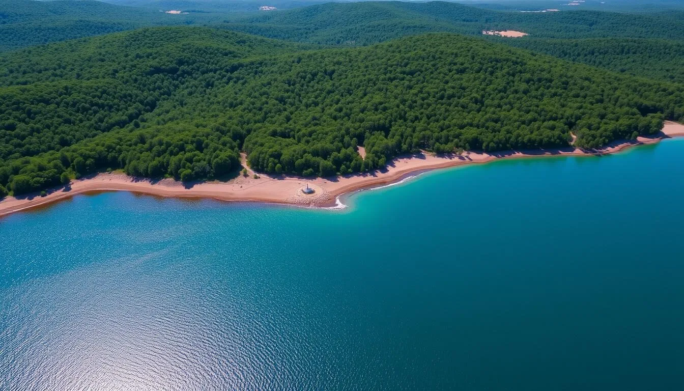 Aerial view of Broken Bow Lake, Oklahoma showing crystal clear waters surrounded by forested mountains