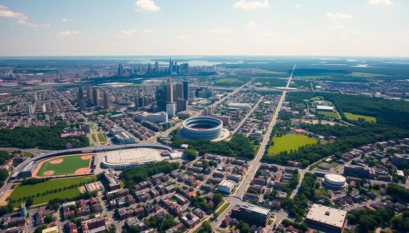 Aerial view of Bronx County showing Yankee Stadium and surrounding green spaces on a sunny day