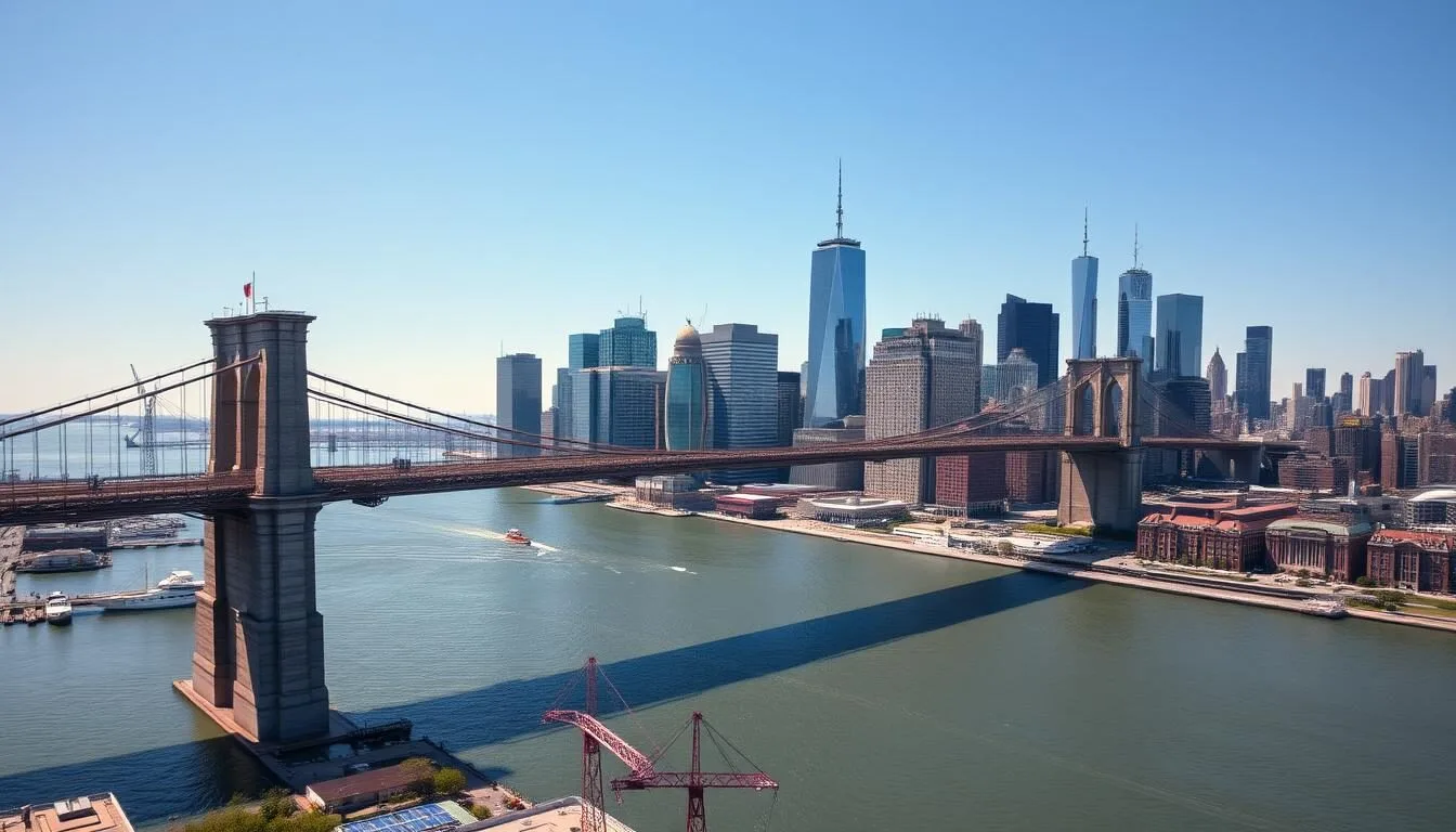 Aerial view of Brooklyn Bridge connecting to Manhattan skyline on a sunny day