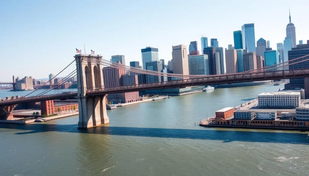 Aerial view of Brooklyn Bridge with Manhattan skyline in the background - one of the best things to do in New York City Aerial view of Brooklyn Bridge with Manhattan skyline in the background - one of the best things to do in New York City
