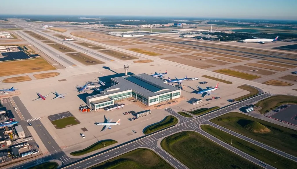 Aerial view of Buffalo Niagara International Airport, the main gateway to Niagara County, New York for visitors Aerial view of Buffalo Niagara International Airport, the main gateway to Niagara County, New York for visitors
