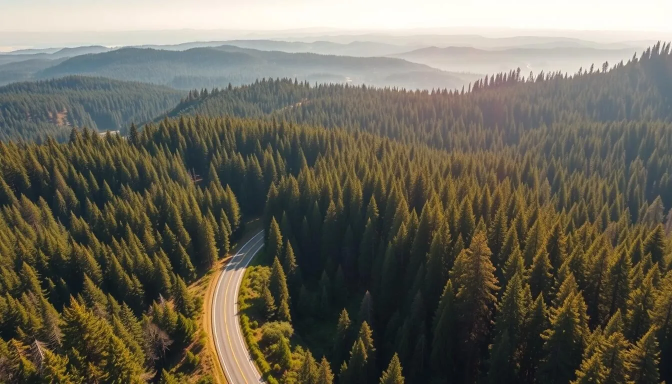 Aerial view of California Redwood Highway 101 winding through Humboldt County with redwood forests on both sides