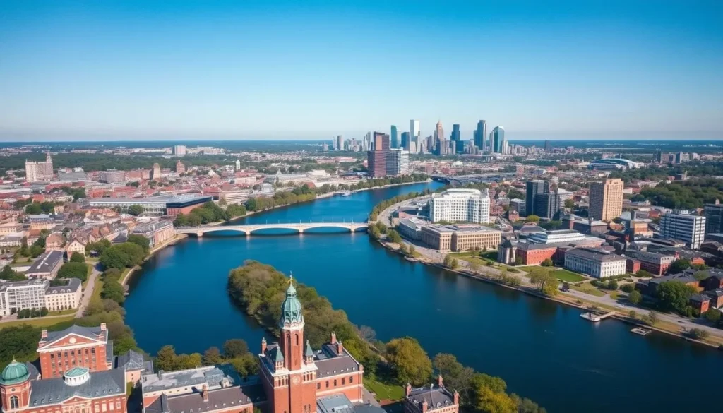 Aerial view of Cambridge, Massachusetts showing the Charles River and city skyline Aerial view of Cambridge, Massachusetts showing the Charles River and city skyline