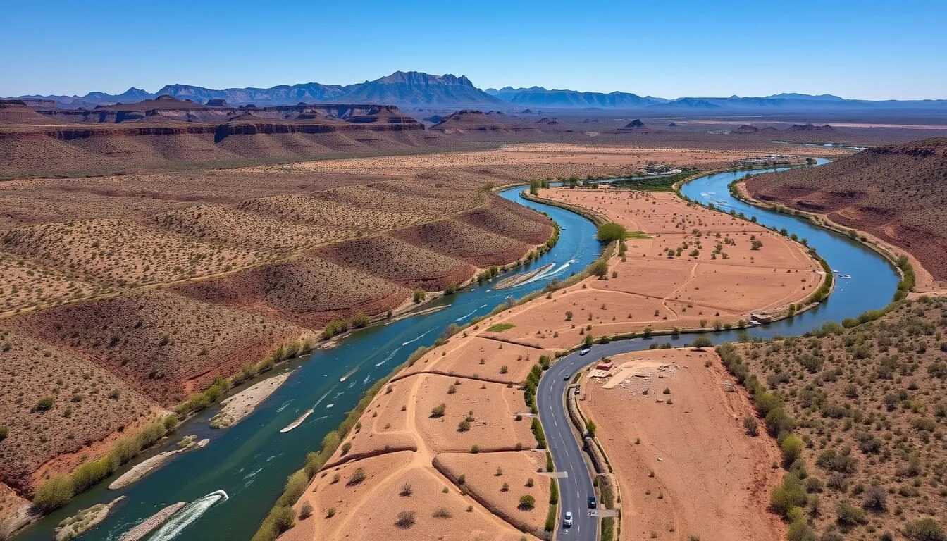 Aerial view of Camp Verde Arizona showing the Verde River winding through the landscape with mountains in the background