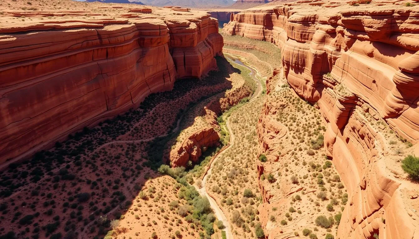 Aerial view of Canyon de Chelly National Monument showing the winding canyon and surrounding landscape