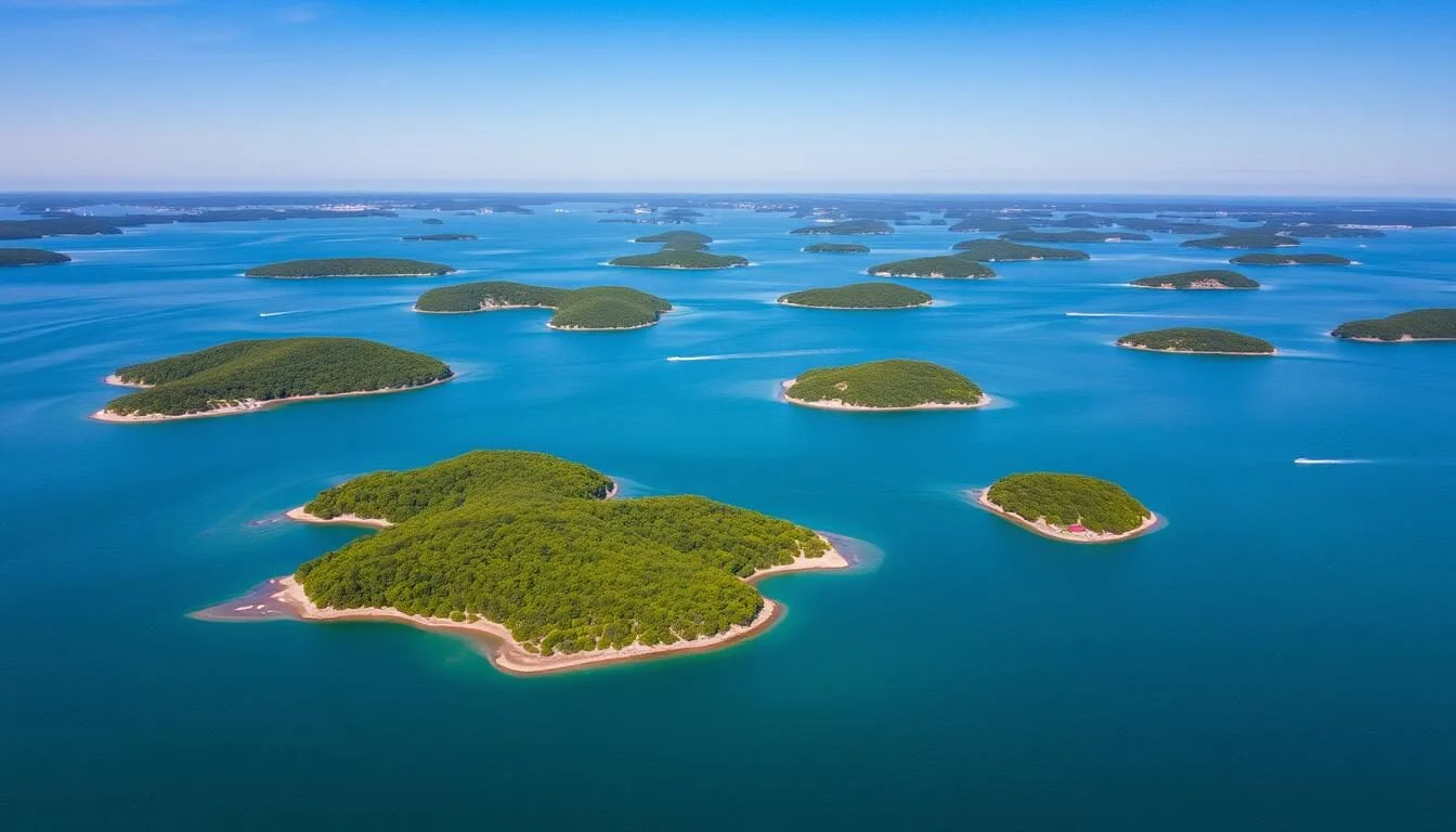 Aerial view of Casco Bay, Maine showing multiple islands dotting the blue waters on a sunny day