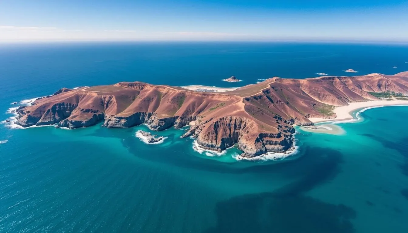 Aerial view of Channel Islands National Park coastline with turquoise waters and rugged cliffs in Ventura County, California