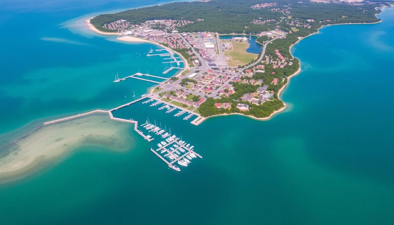 Aerial view of Charlevoix, Michigan showing Lake Michigan, Lake Charlevoix, and the channel connecting them on a sunny summer day