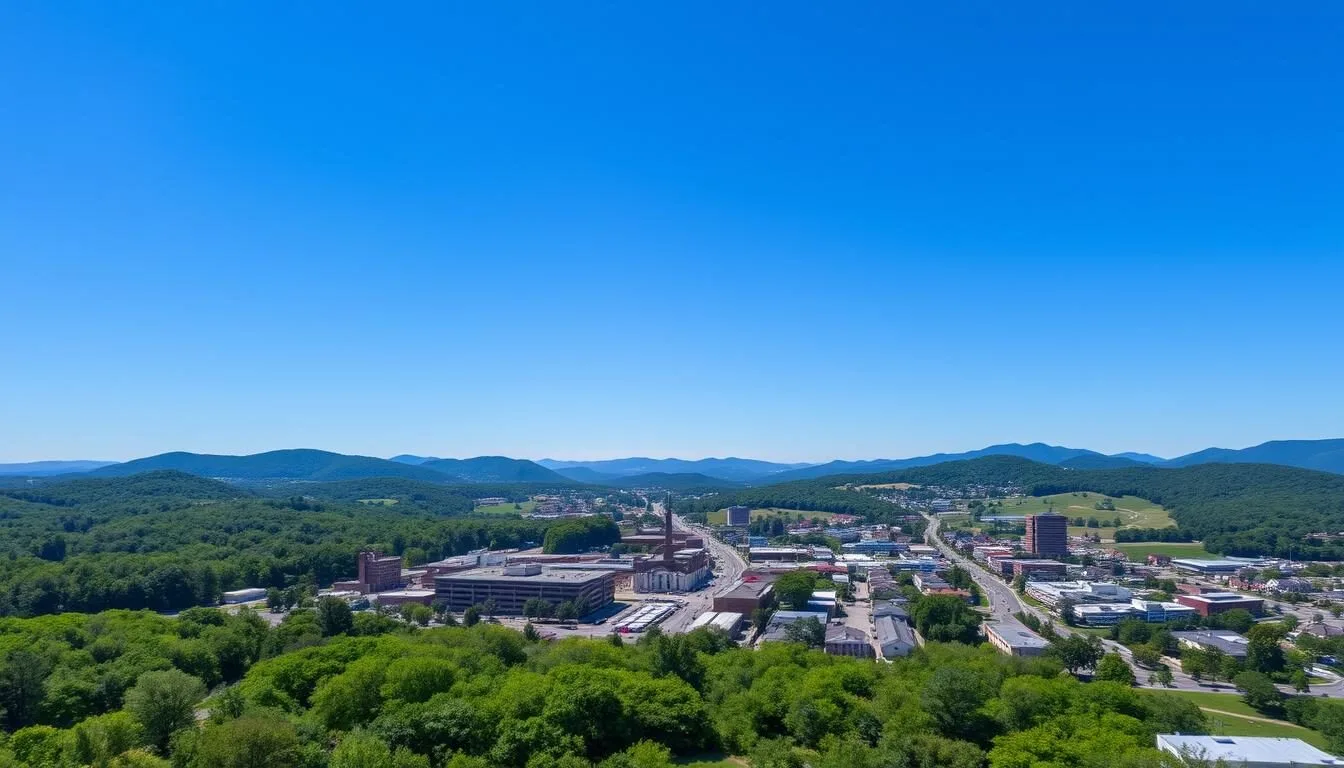 Aerial view of Charlottesville Virginia with mountains in the background and the Downtown Mall visible
