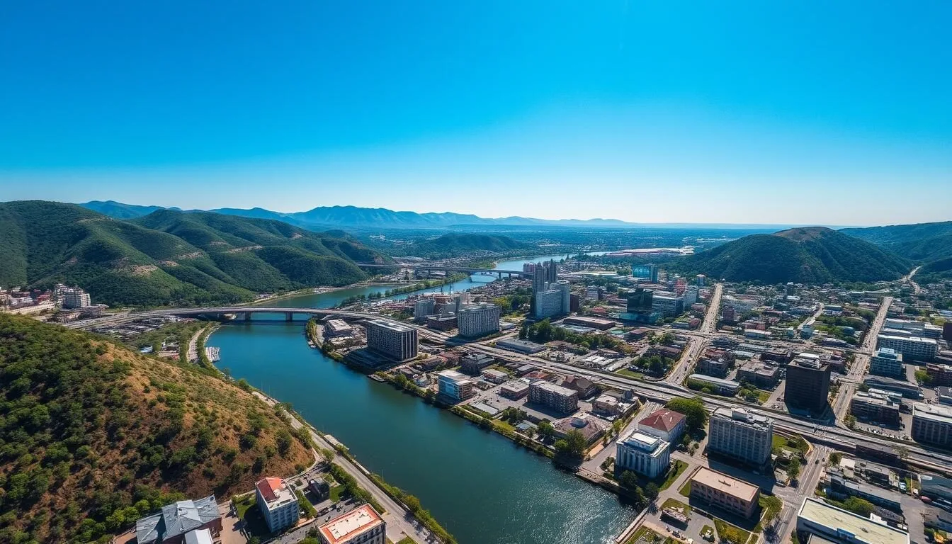 Aerial view of Chattanooga with the Tennessee River winding through the city on a sunny day