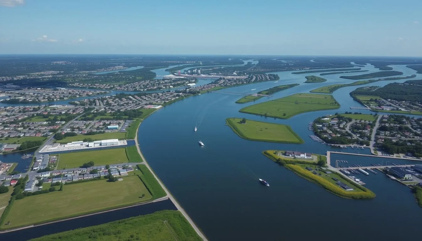 Aerial view of Chesapeake Virginia waterways and canals on a sunny day