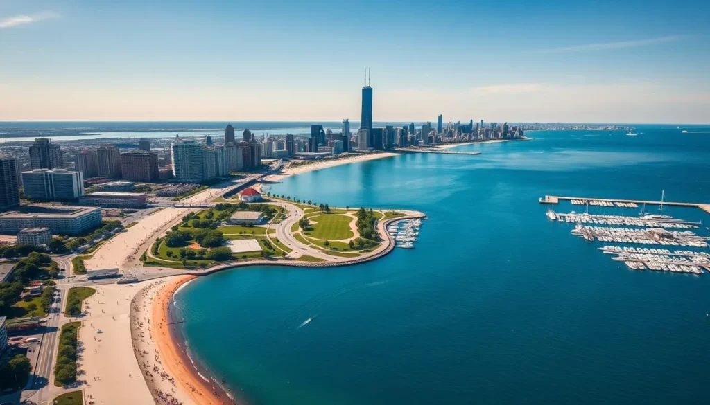 Aerial view of Chicago's Lakefront showing beaches, parks, and the city skyline on a sunny summer day Aerial view of Chicago's Lakefront showing beaches, parks, and the city skyline on a sunny summer day