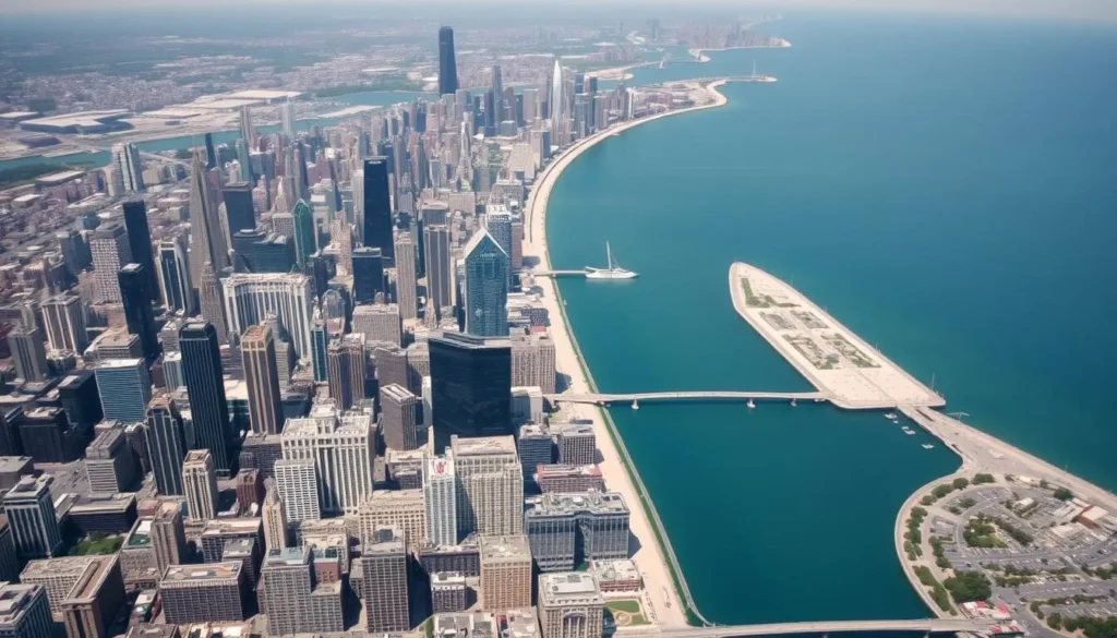 Aerial view of Chicago's downtown and lakefront showing different neighborhoods and hotel districts Aerial view of Chicago's downtown and lakefront showing different neighborhoods and hotel districts