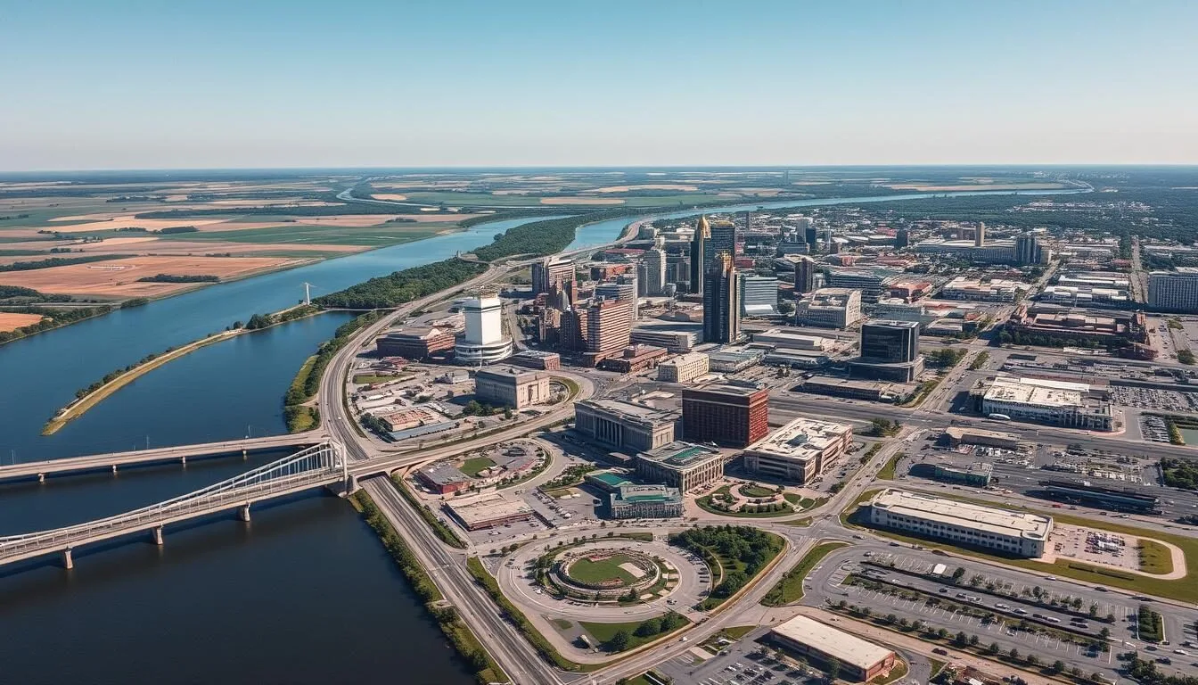 Aerial view of Council Bluffs with the Missouri River and downtown skyline on a sunny day
