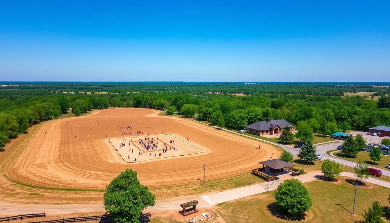 Aerial view of Crater of Diamonds State Park in Arkansas showing the diamond search field on a sunny day