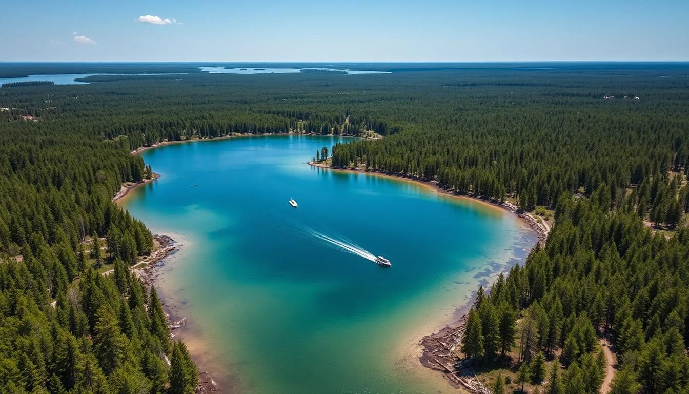 Aerial view of Cross Lake, Minnesota showing the beautiful Whitefish Chain of Lakes surrounded by pine forests