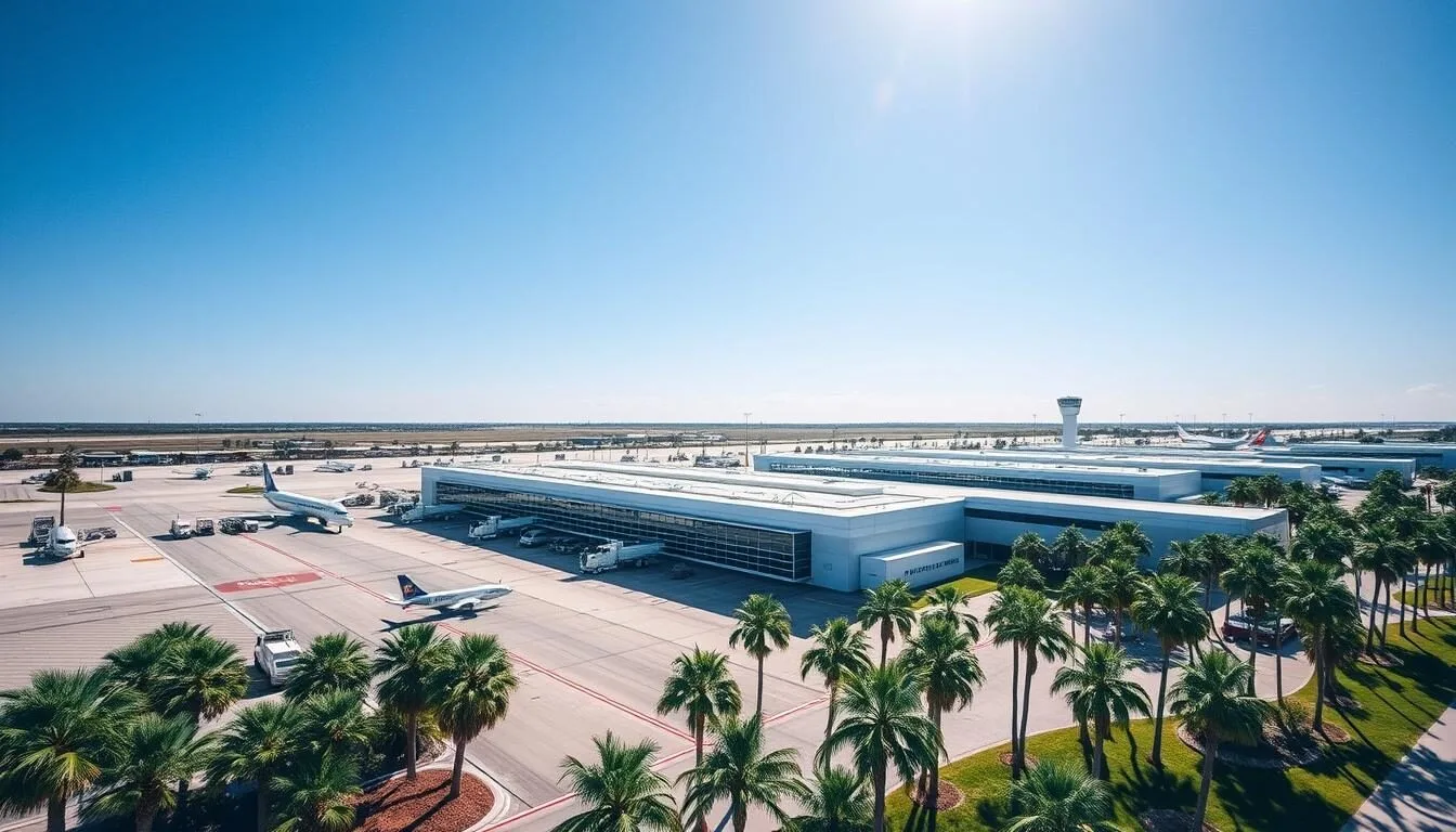 Aerial view of Daytona Beach International Airport with palm trees and sunny skies in Volusia County, Florida