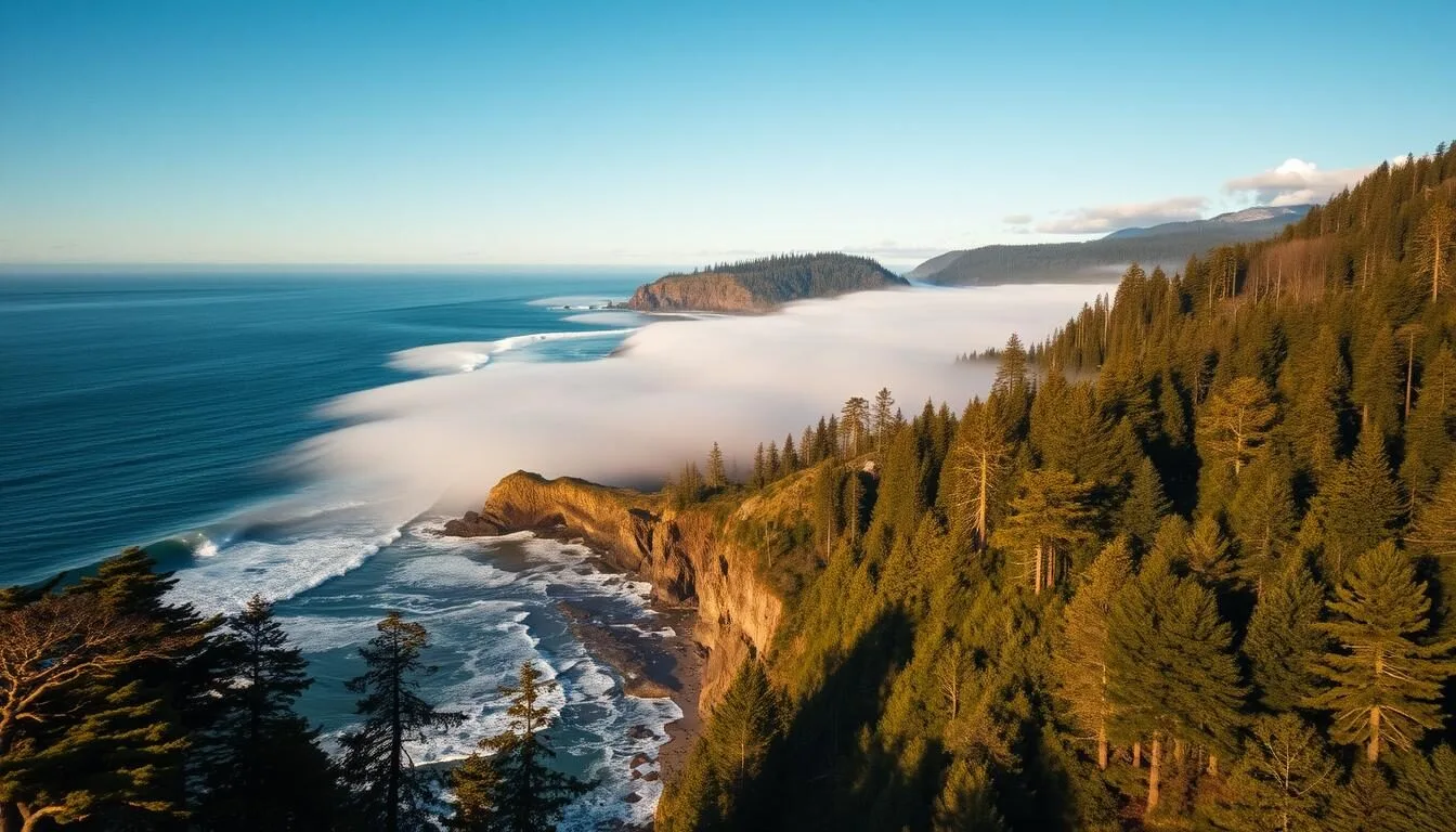 Aerial view of Del Norte County coastline with redwood forests meeting the Pacific Ocean