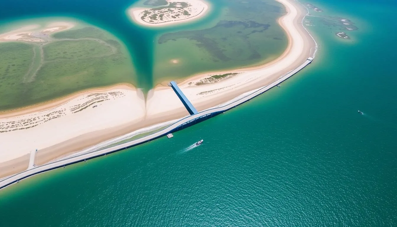Aerial view of Delaware Seashore State Park showing the Indian River Inlet Bridge connecting the north and south sections of the park