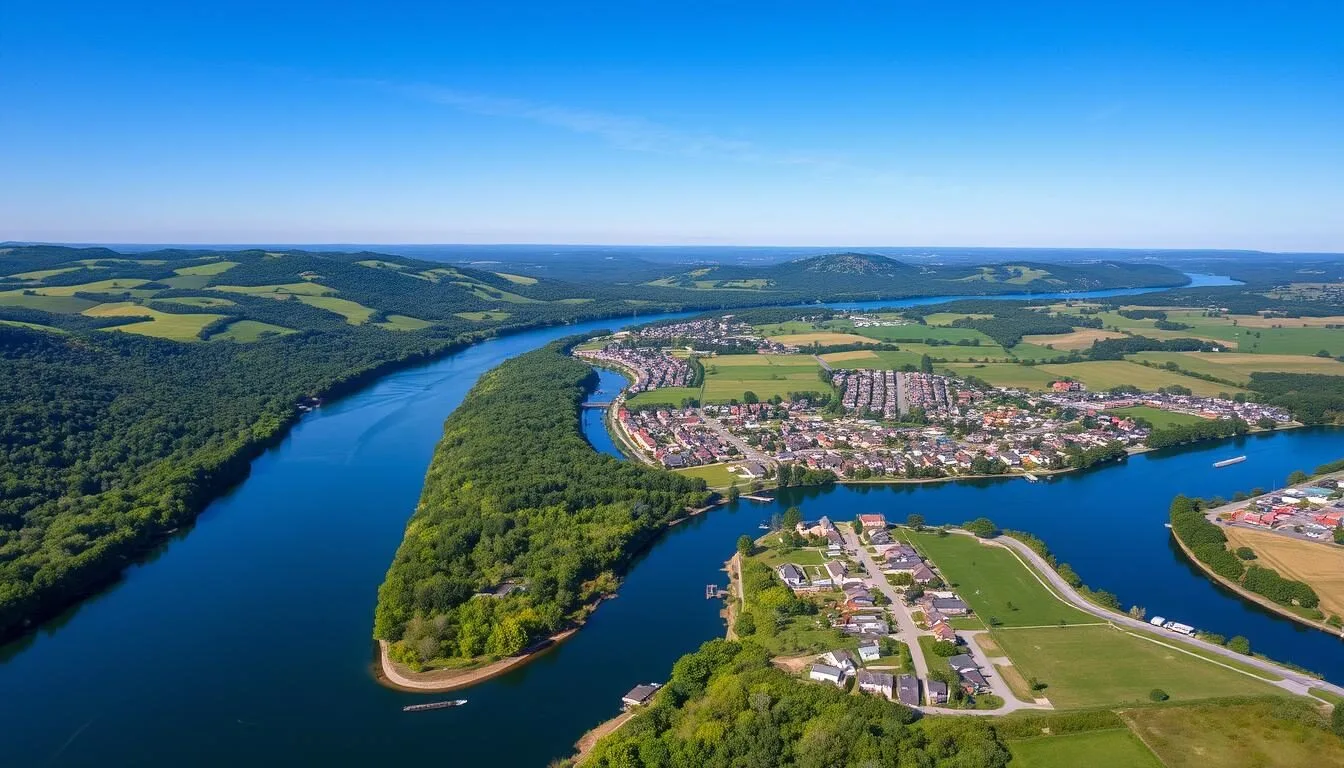 Aerial view of Dutchess County New York showing the Hudson River, rolling hills, and charming towns on a sunny day