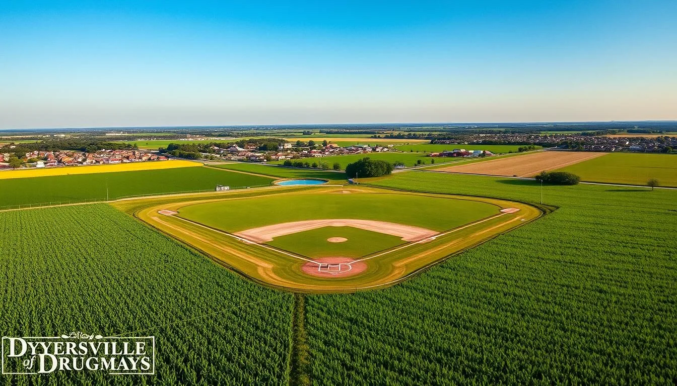 Aerial view of Dyersville, Iowa showing the Field of Dreams baseball diamond surrounded by cornfields
