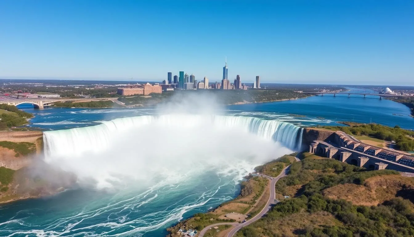 Aerial view of Erie County New York showing Niagara Falls and Buffalo skyline on a sunny day