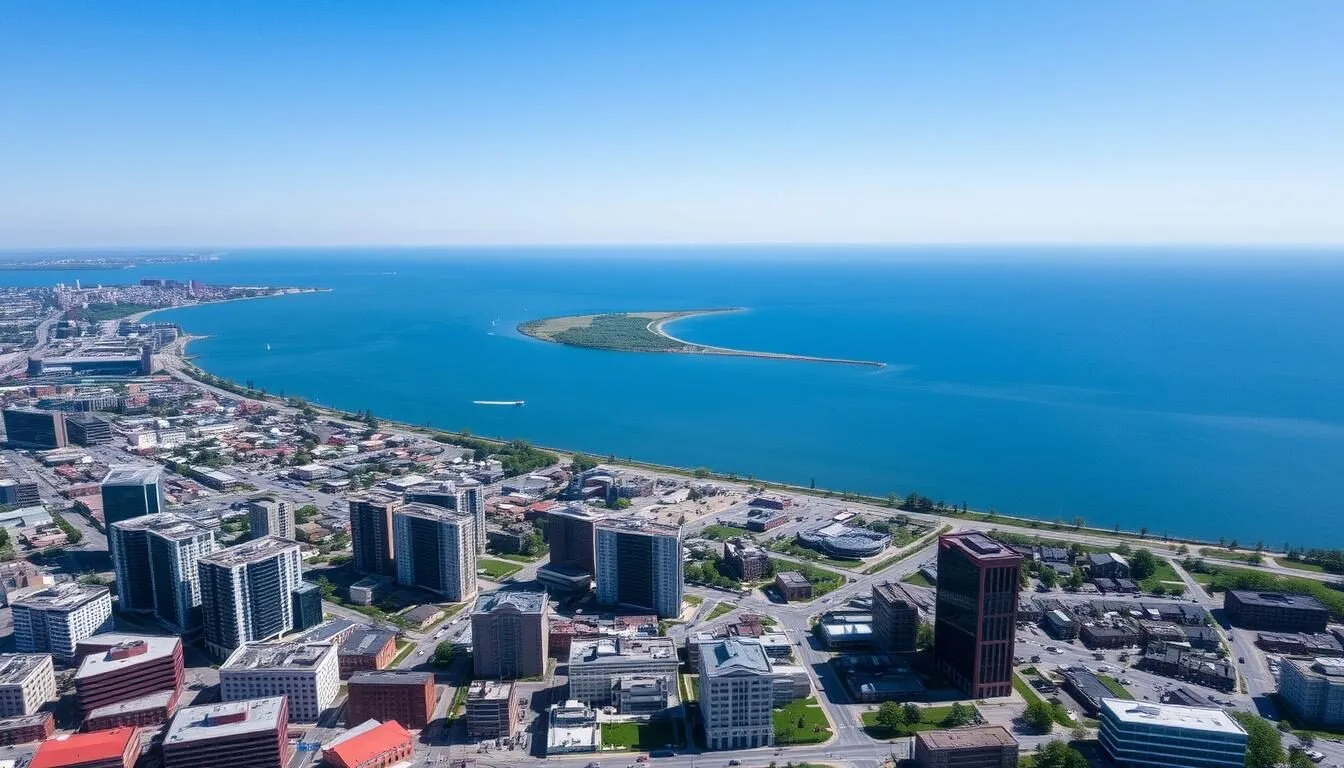 Aerial view of Erie Pennsylvania with Lake Erie and Presque Isle State Park visible