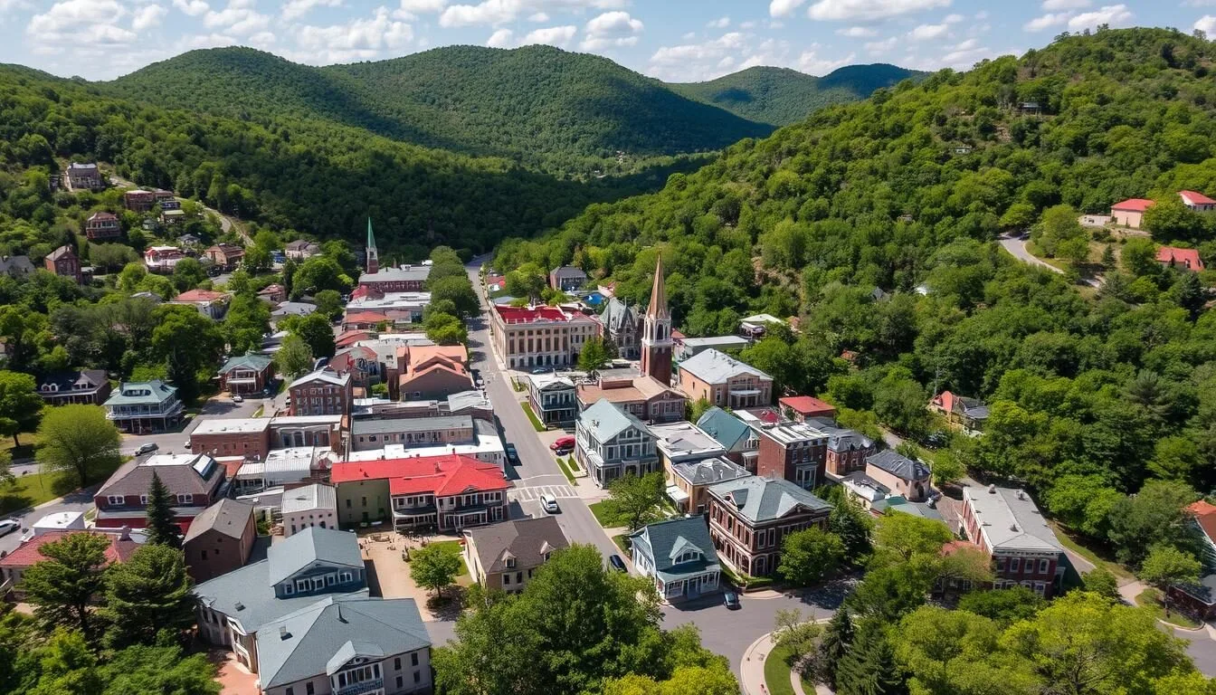 Aerial view of Eureka Springs Arkansas showing Victorian architecture and surrounding Ozark Mountains
