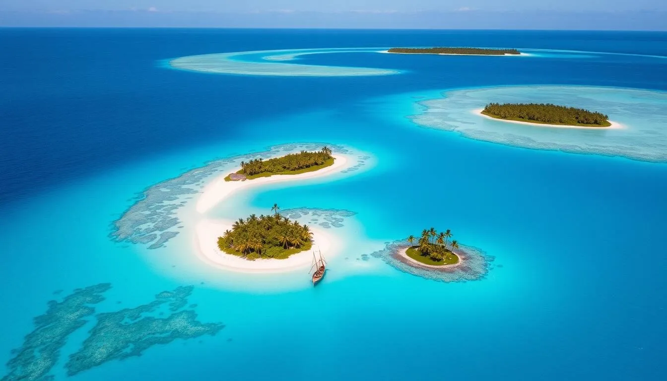 Aerial view of Fakaofo atoll in Tokelau showing turquoise lagoon surrounded by coral reef and small islets