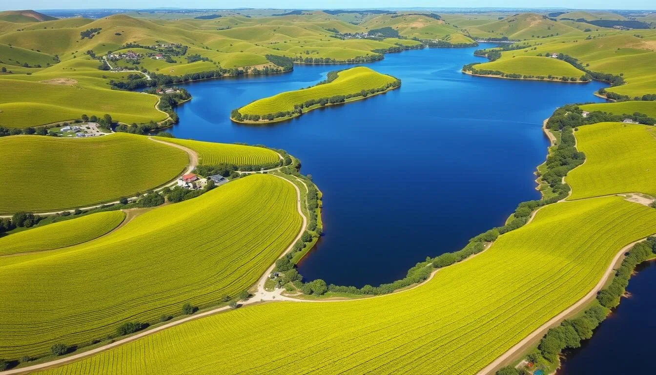 Aerial view of Finger Lakes wine country showing the distinctive long, narrow lakes surrounded by vineyards and rolling hills