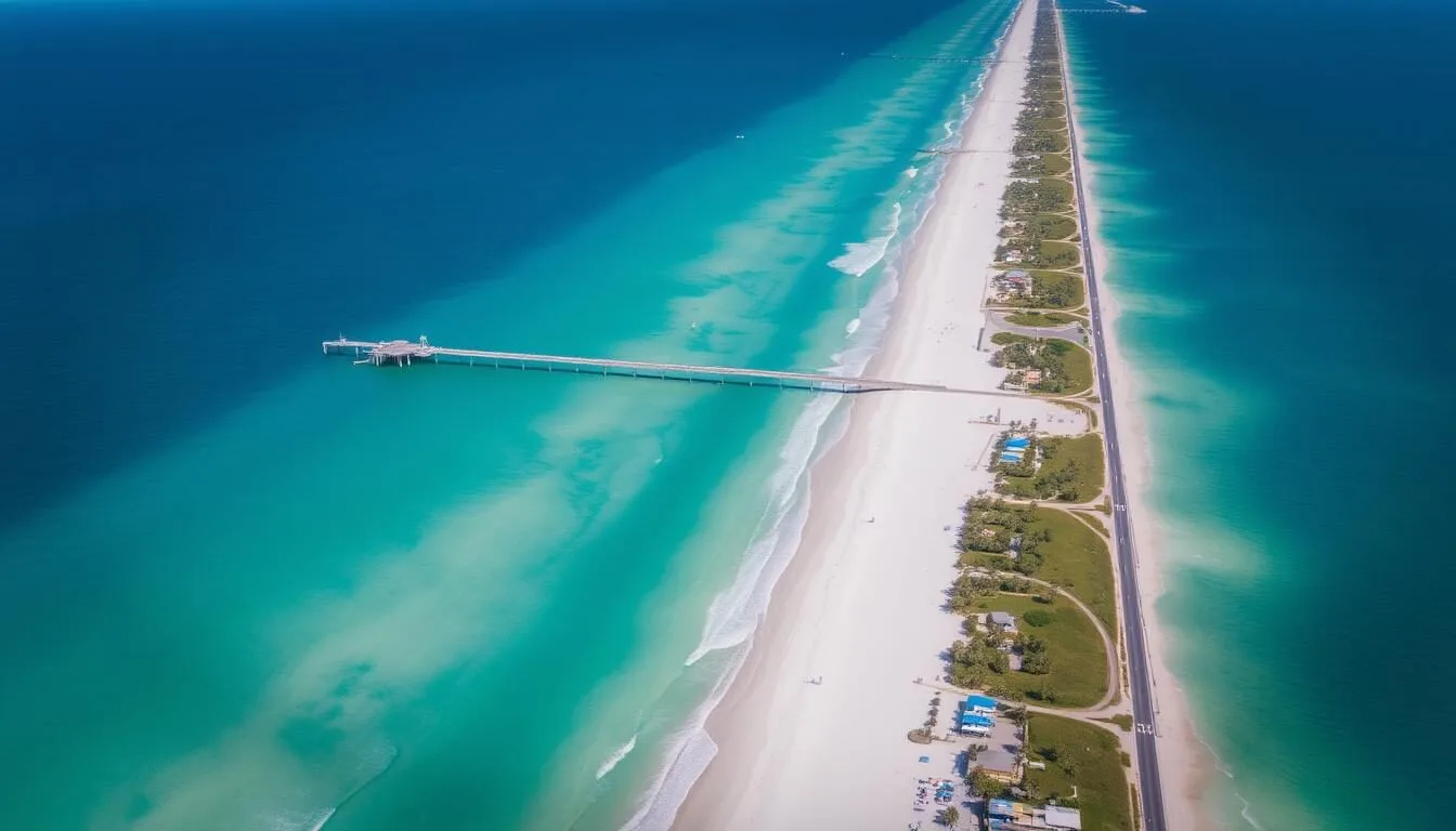 Aerial view of Flagler Beach coastline with its iconic pier and pristine beaches in Flagler County Florida