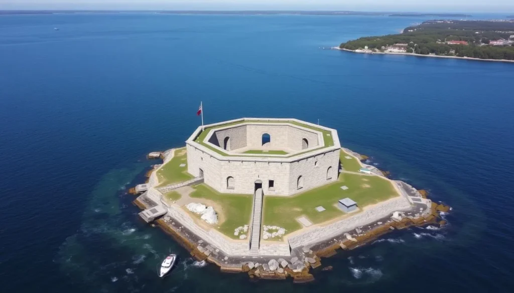 Aerial view of Fort Gorges, a granite fortress on a small island in Casco Bay Aerial view of Fort Gorges, a granite fortress on a small island in Casco Bay