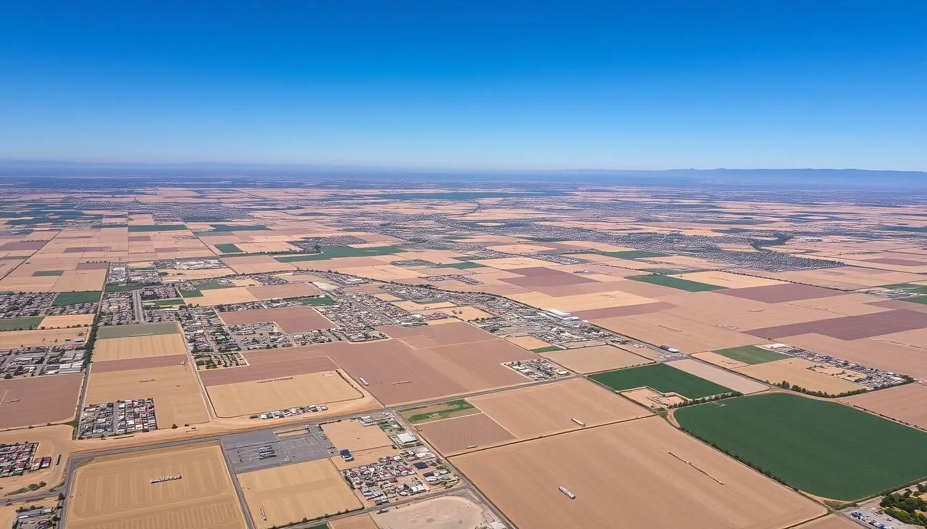 Aerial view of Fresno County California landscape showing agricultural fields and mountains in the distance