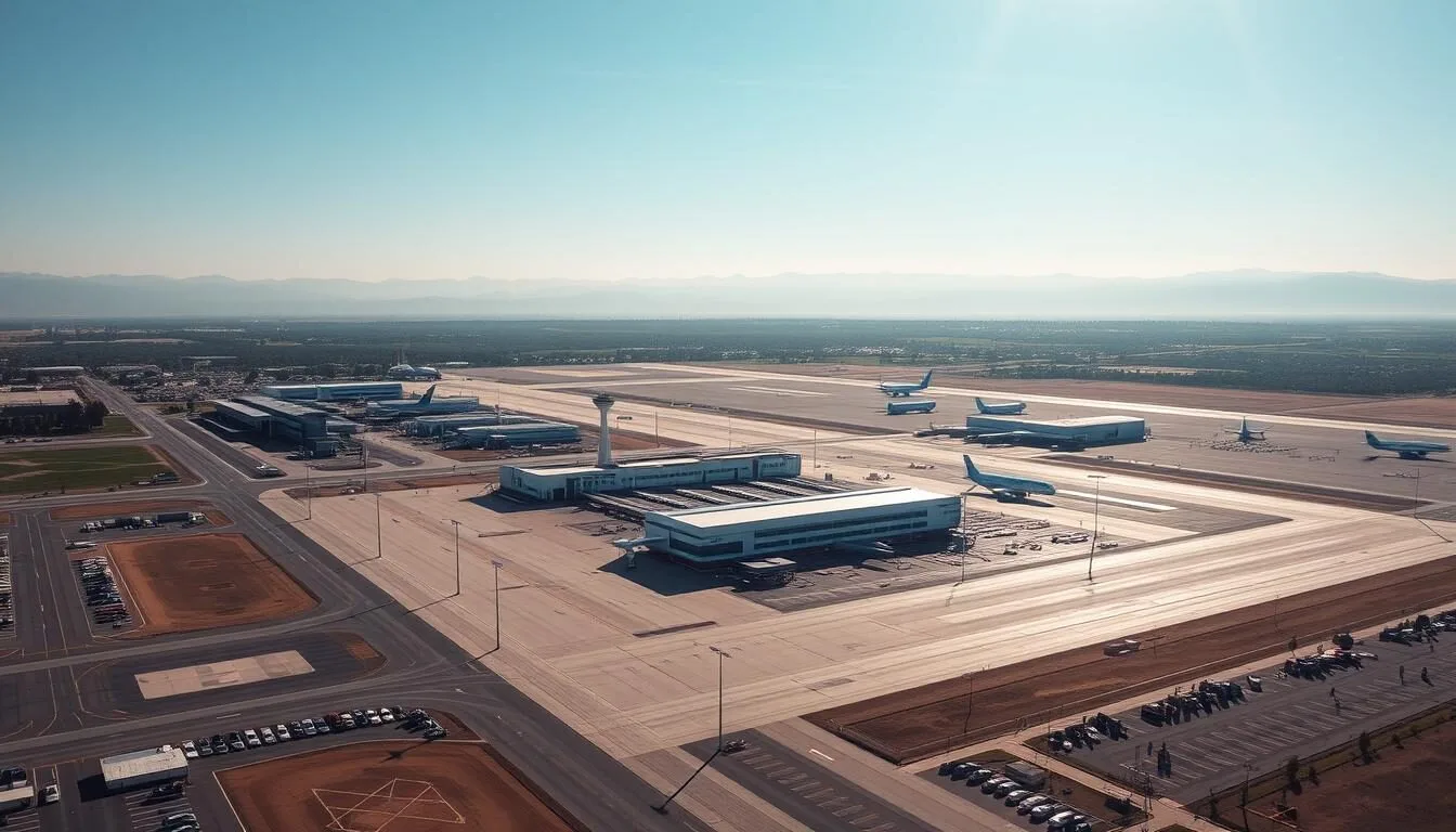 Aerial view of Fresno Yosemite International Airport with mountains in the background, Madera County, California
