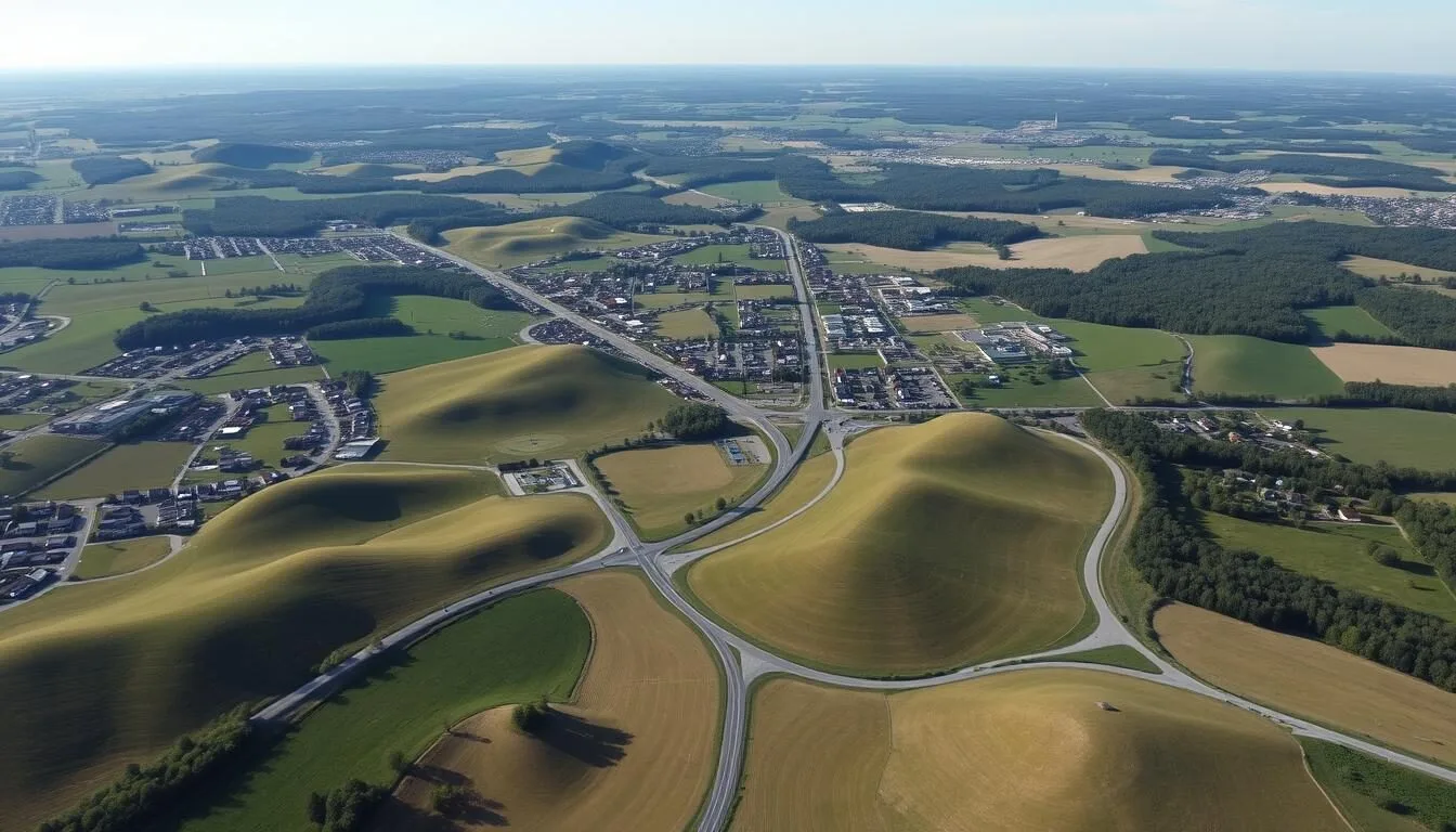 Aerial view of Genesee County New York showing its picturesque landscape with rolling hills, farmland, and small towns connected by winding roads