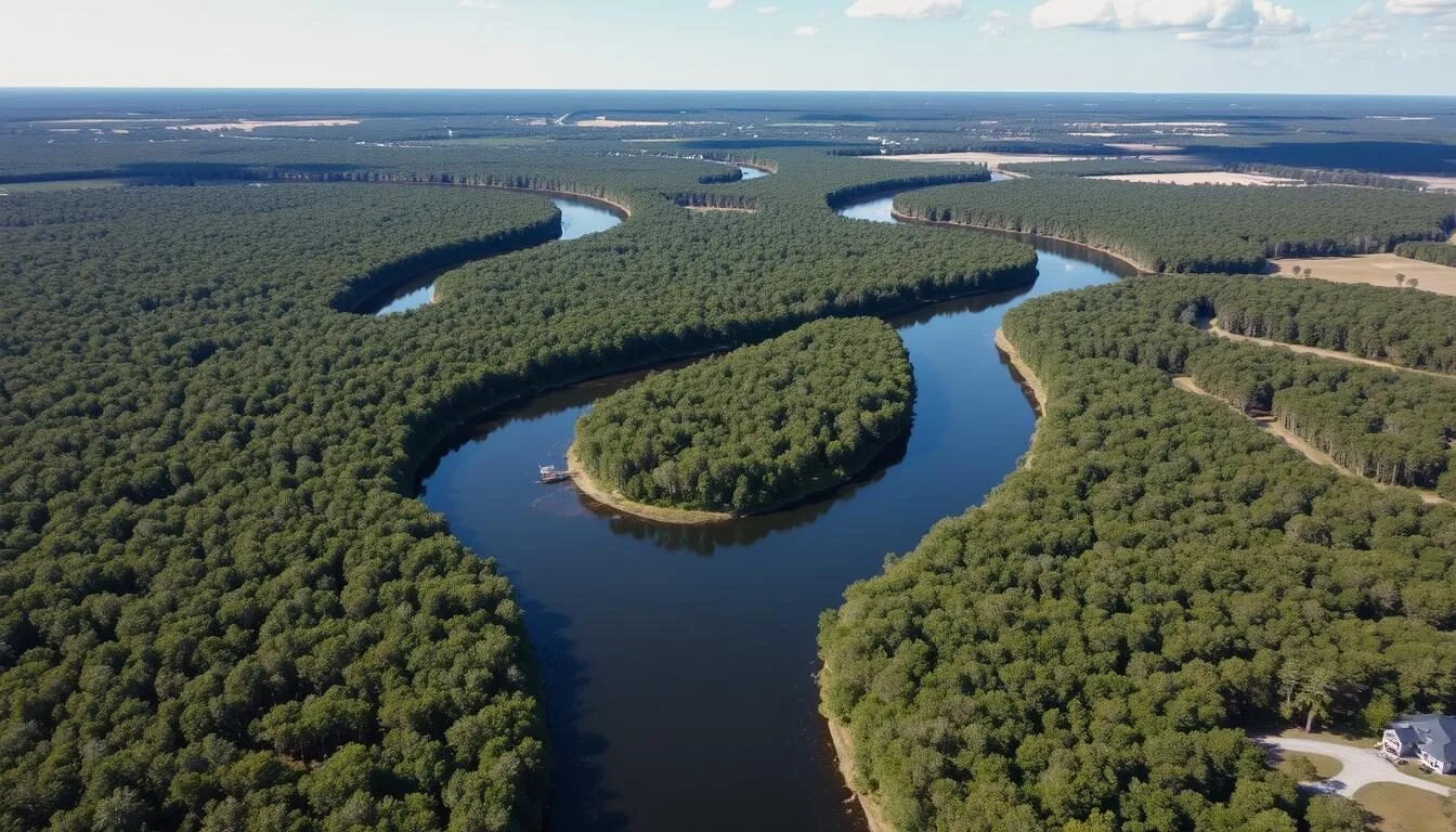 Aerial view of Gilchrist County, Florida showing the Santa Fe River and surrounding landscape