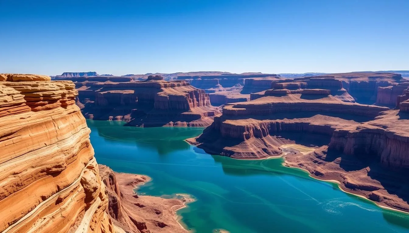 Aerial view of Glen Canyon and Lake Powell with winding waterways through red rock formations