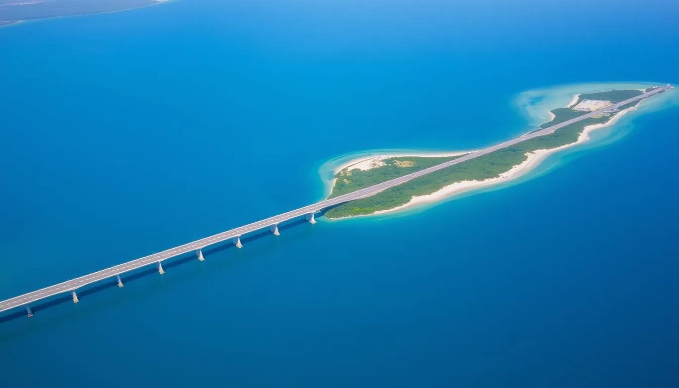 Aerial view of Grand Isle, Louisiana showing the highway connecting to mainland
