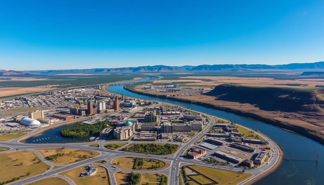 Aerial view of Great Falls Montana with Missouri River and mountains in background