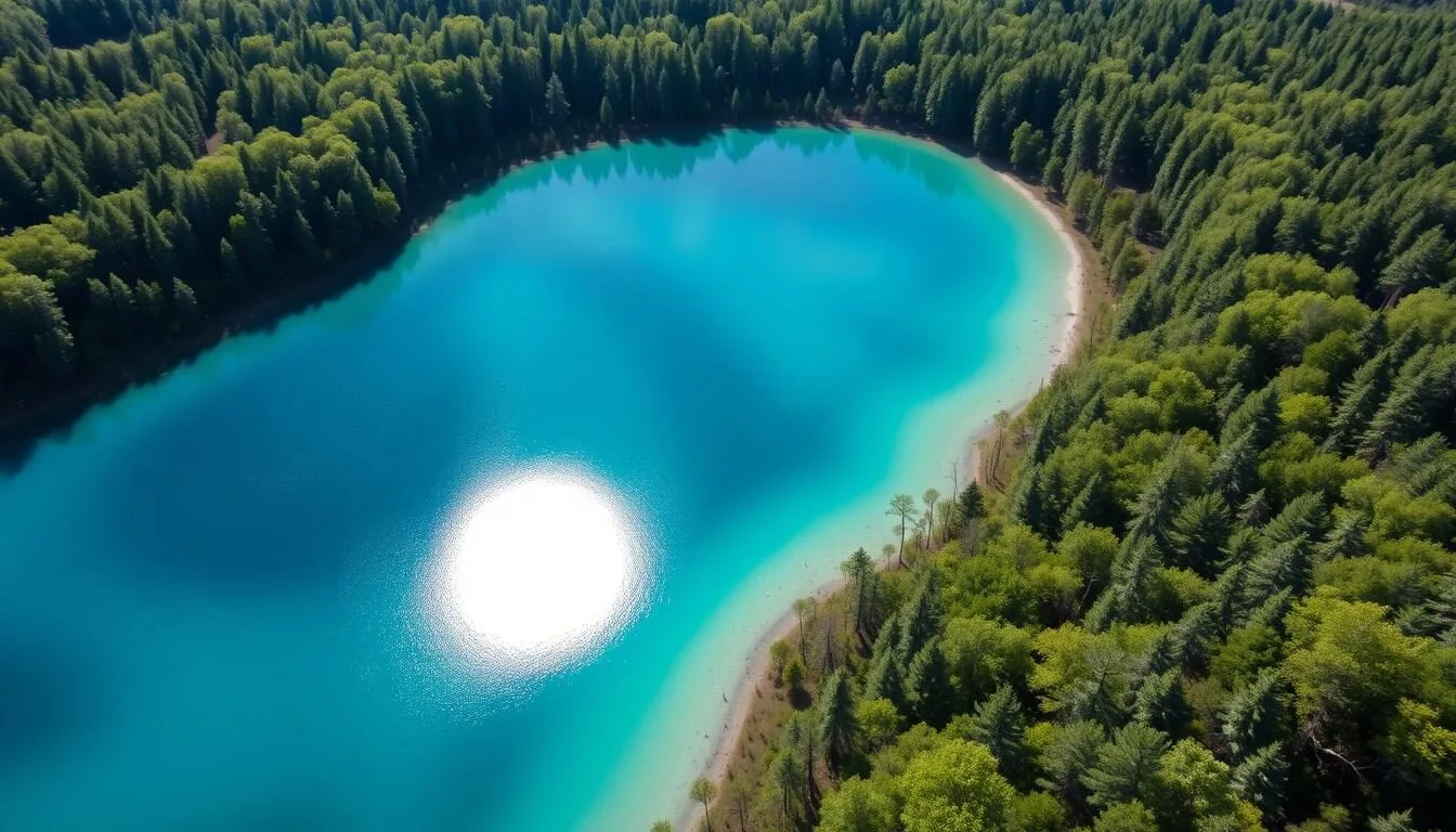 Aerial view of Green Lakes State Park in Madison County, New York showing the vibrant blue-green meromictic lake surrounded by lush forest