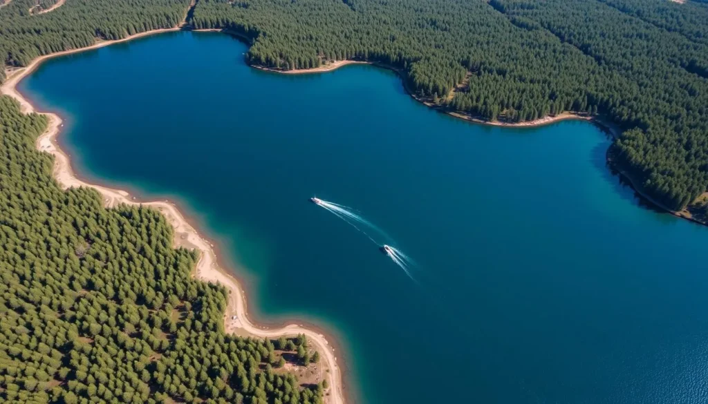 Aerial view of Gull Lake showing its expansive waters and forested shoreline Aerial view of Gull Lake showing its expansive waters and forested shoreline