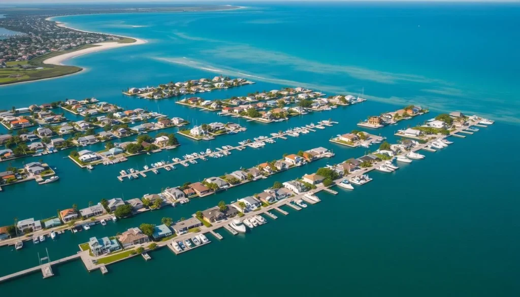 Aerial view of Hernando Beach's waterfront canal community with boats and Gulf access Aerial view of Hernando Beach's waterfront canal community with boats and Gulf access
