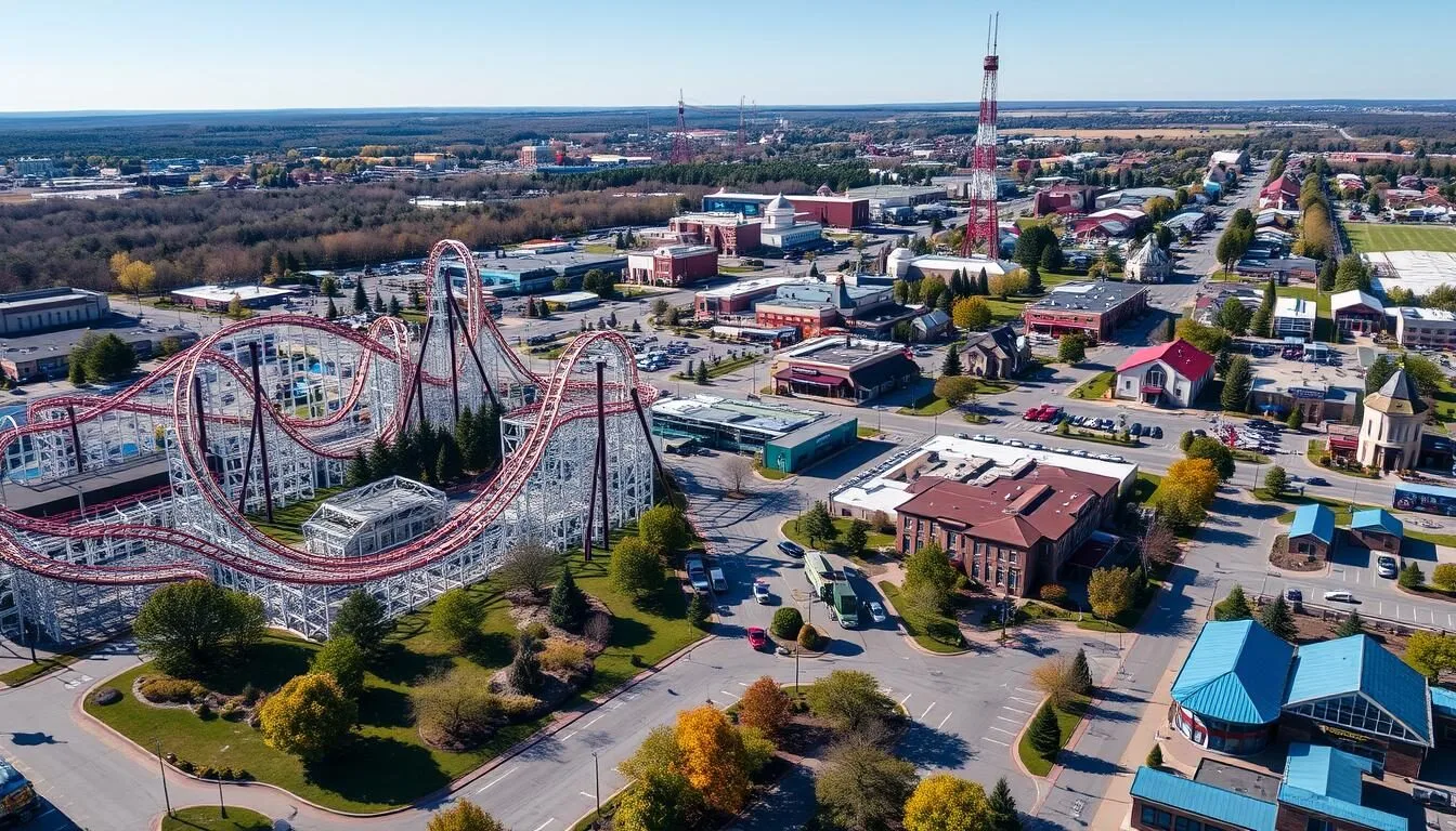 Aerial view of Hershey, Pennsylvania showing Hersheypark and the surrounding chocolate-themed town on a sunny day